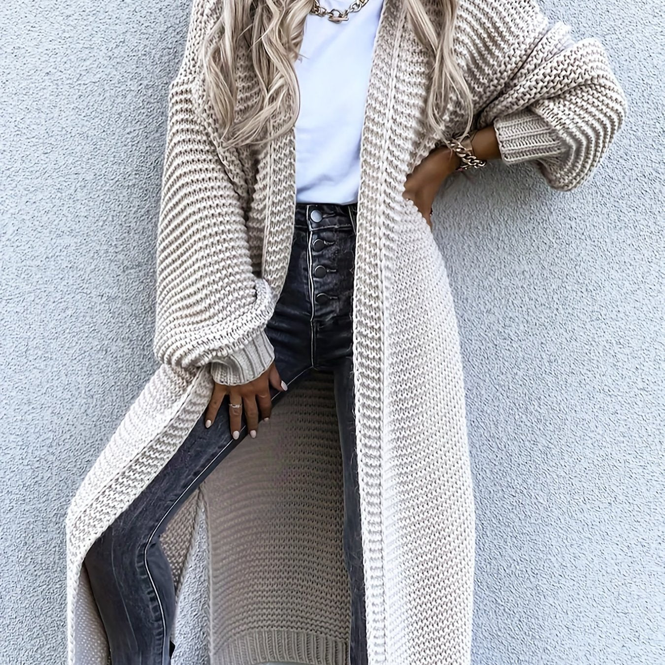 Solid Open Front Side Split Cardigan, Casual Long Sleeve Cardigan For Spring & Fall, Women's Clothing