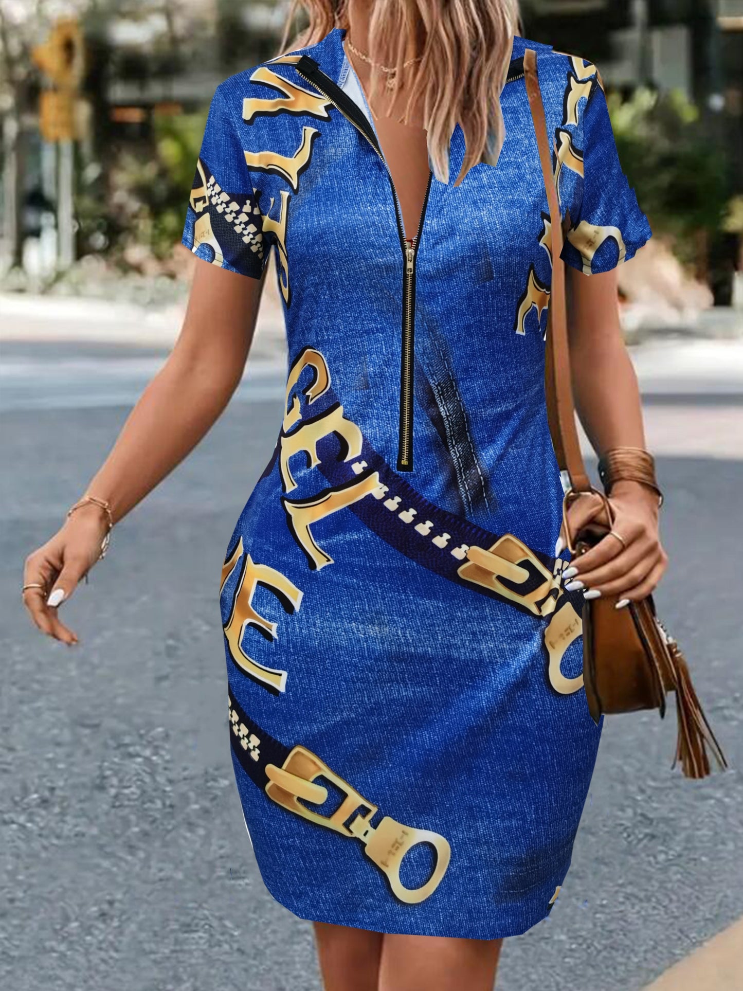 V-neck Zipper Print Slim Dress, Casual Short Sleeve Waist Summer Bodycon Dresses, Women's Clothing