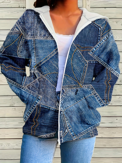 Plus Size Casual Coat, Women's Plus Denim Print Hoodie Long Sleeve Coat With Pockets