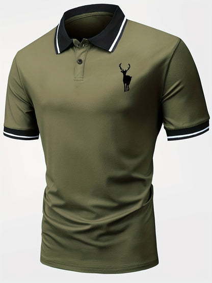 Horse Pattern Casual Slightly Stretch Button Front Short Sleeve Polo Shirt, Men's Clothes For Summer