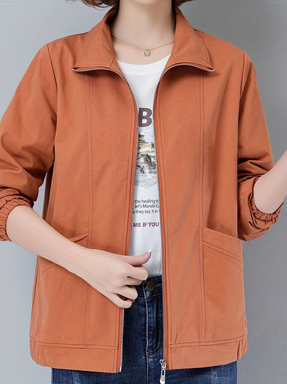 gbolsos  Zip Up Pocket Front Jacket, Casual Long Sleeve Solid Outerwear, Women's Clothing