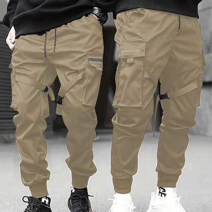 gbolsos  Classic Design Multi Flap Pockets Cargo Pants,Men's Loose Fit Drawstring Kpop Cargo Pants, For Skateboarding, Street, Outdoor Camping