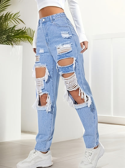 Ripped Knee Cut Destroyed Straight Leg Jeans, High Rise Light Wash Blue Slash Pockets Street Style Denim Pants, Women's Denim Jeans & Clothing