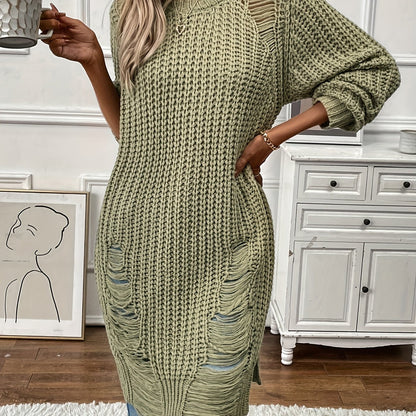 gbolsos  Solid Crew Neck Ripped Split Pullover Sweater, Sexy Long Sleeve Sweater For Spring & Fall, Women's Clothing