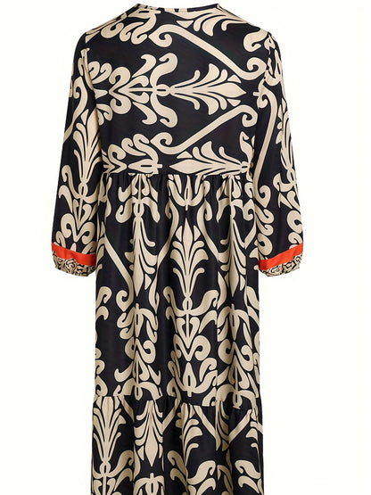 Ethnic Floral Print Dress, Boho V Neck Lantern Sleeve Dress, Women's Clothing