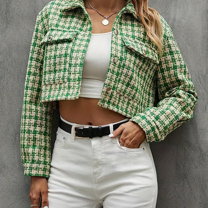 gbolsos  Plaid Pattern Cropped Jacket, Casual Button Front Long Sleeve Outerwear, Women's Clothing