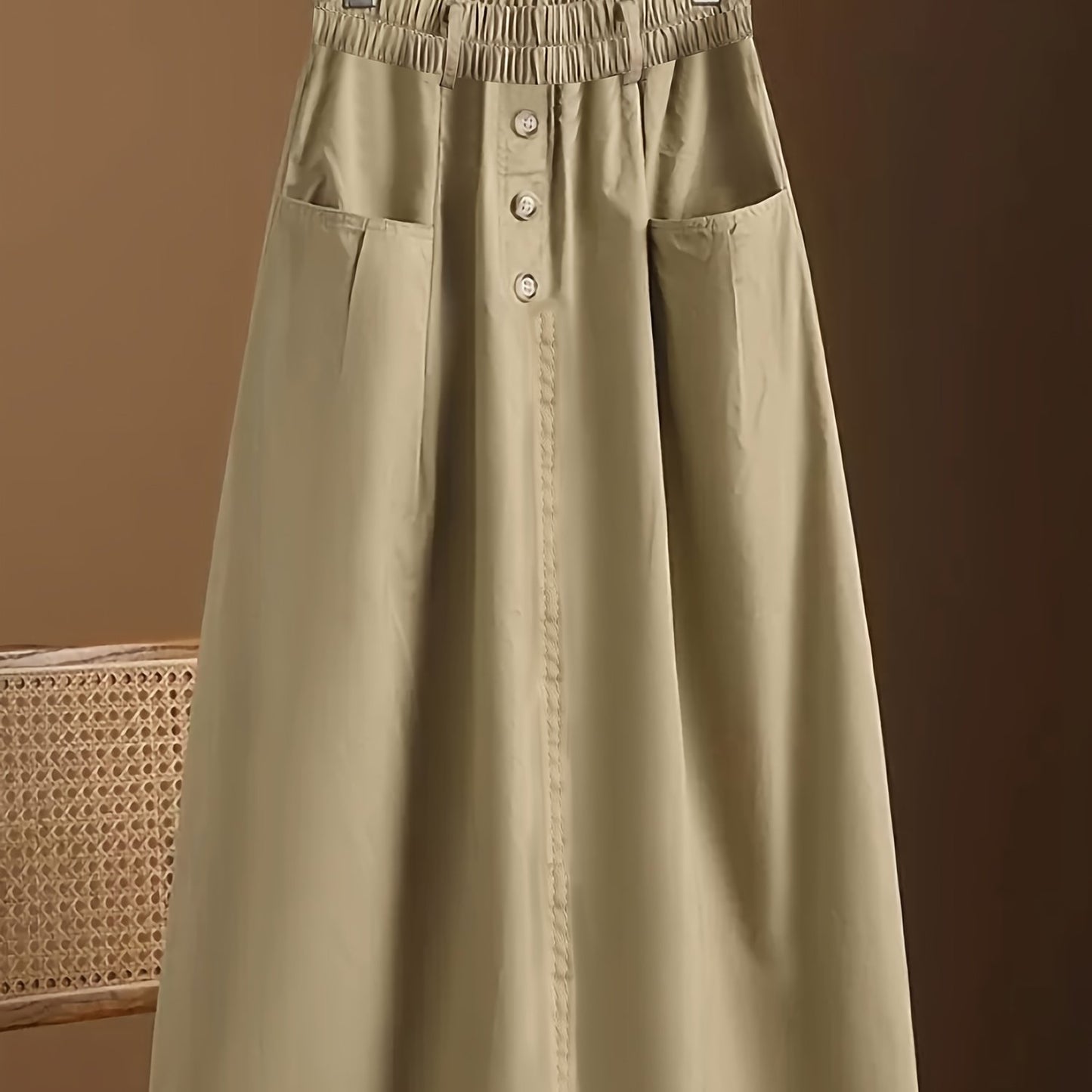 gbolsos  Solid Button Decor Pockets Skirt, Versatile Elastic Waist Skirt, Women's Clothing