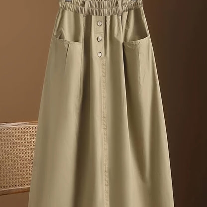 gbolsos  Solid Button Decor Pockets Skirt, Versatile Elastic Waist Skirt, Women's Clothing