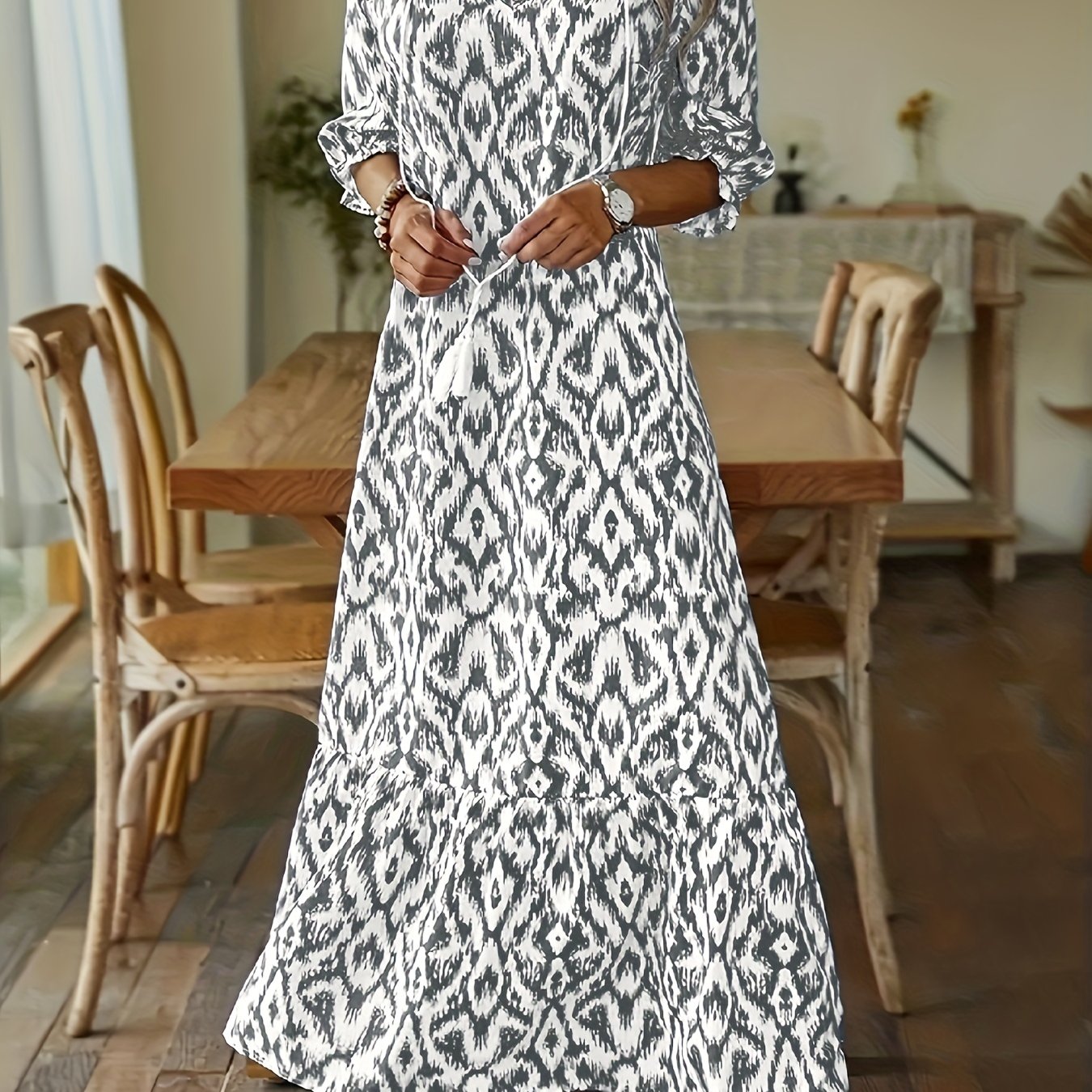 Allover Print Tassel V-Neck Dress, Boho Half Sleeve Dress, Women's Clothing