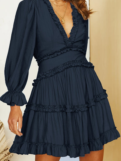 gbolsos  Deep V Neck Ruffle Dress, Cut Out Long Sleeve Casual Dress For Spring & Fall, Women's Clothing
