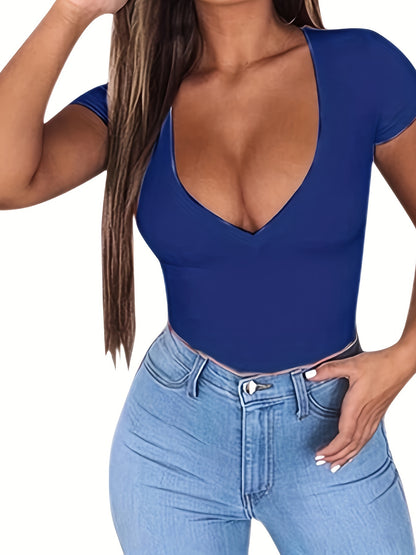 kkboxly  V Neck Slim Fit T-shirt, Casual Loose Short Sleeve Fashion Summer T-Shirts Tops, Women's Clothing