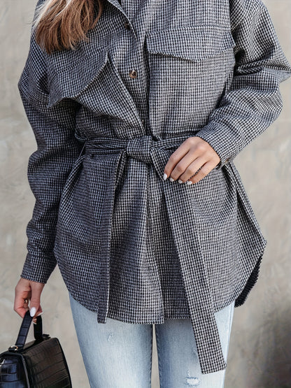 gbolsos  Allover Print Button Front Jacket, Business Casual Long Sleeve Tie-waist Pocket Jacket, Women's Clothing