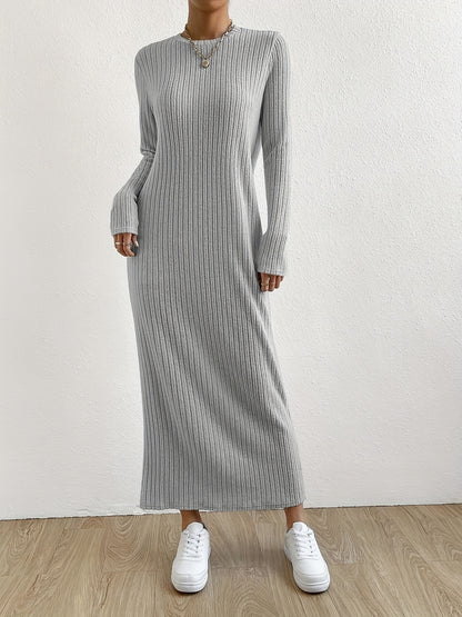 gbolsos  Solid Ribbed Dress, Elegant Crew Neck Long Sleeve Maxi Dress, Women's Clothing