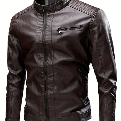 gbolsos  Vintage PU Leather Jacket, Men's Casual Zip Up Stand Collar Faux Leather Jacket For Spring Fall Outdoor