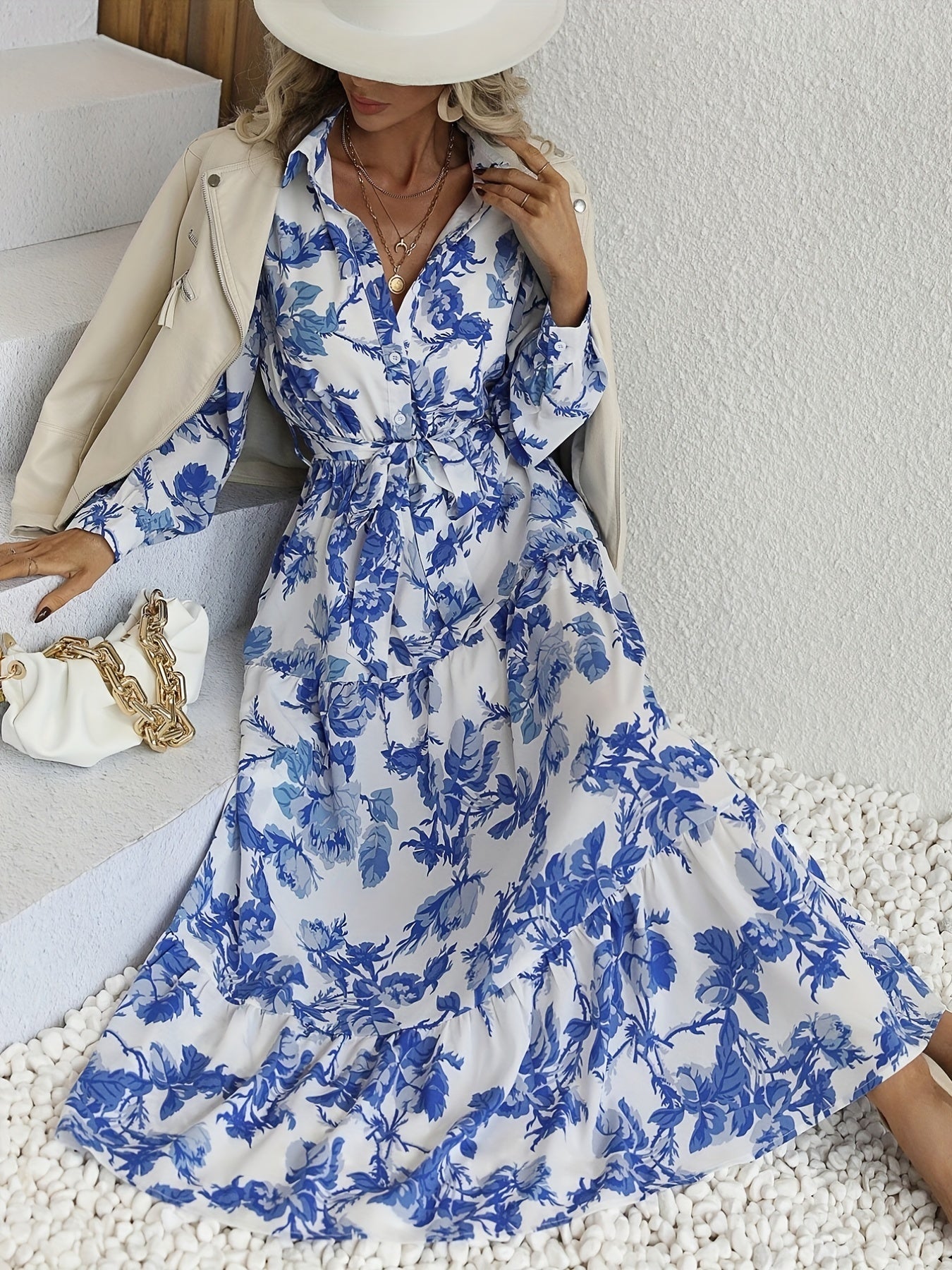 gbolsos  Floral Print Tiered Dress, Boho Button Front Long Sleeve Dress, Women's Clothing
