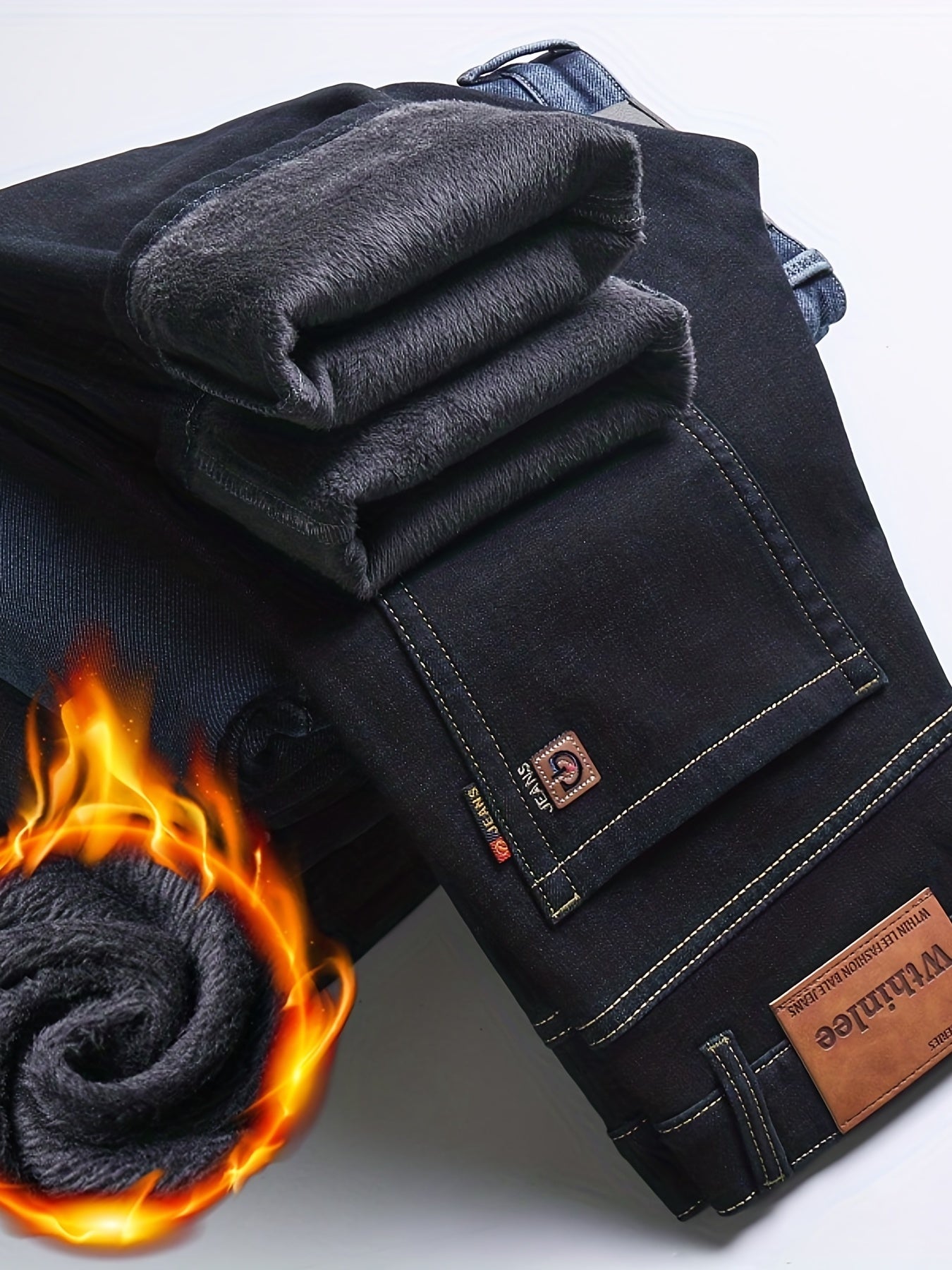 gbolsos  Warm Fleece Straight Leg Jeans For Business, Men's Casual Stretch Thick Denim Pants For Fall Winter