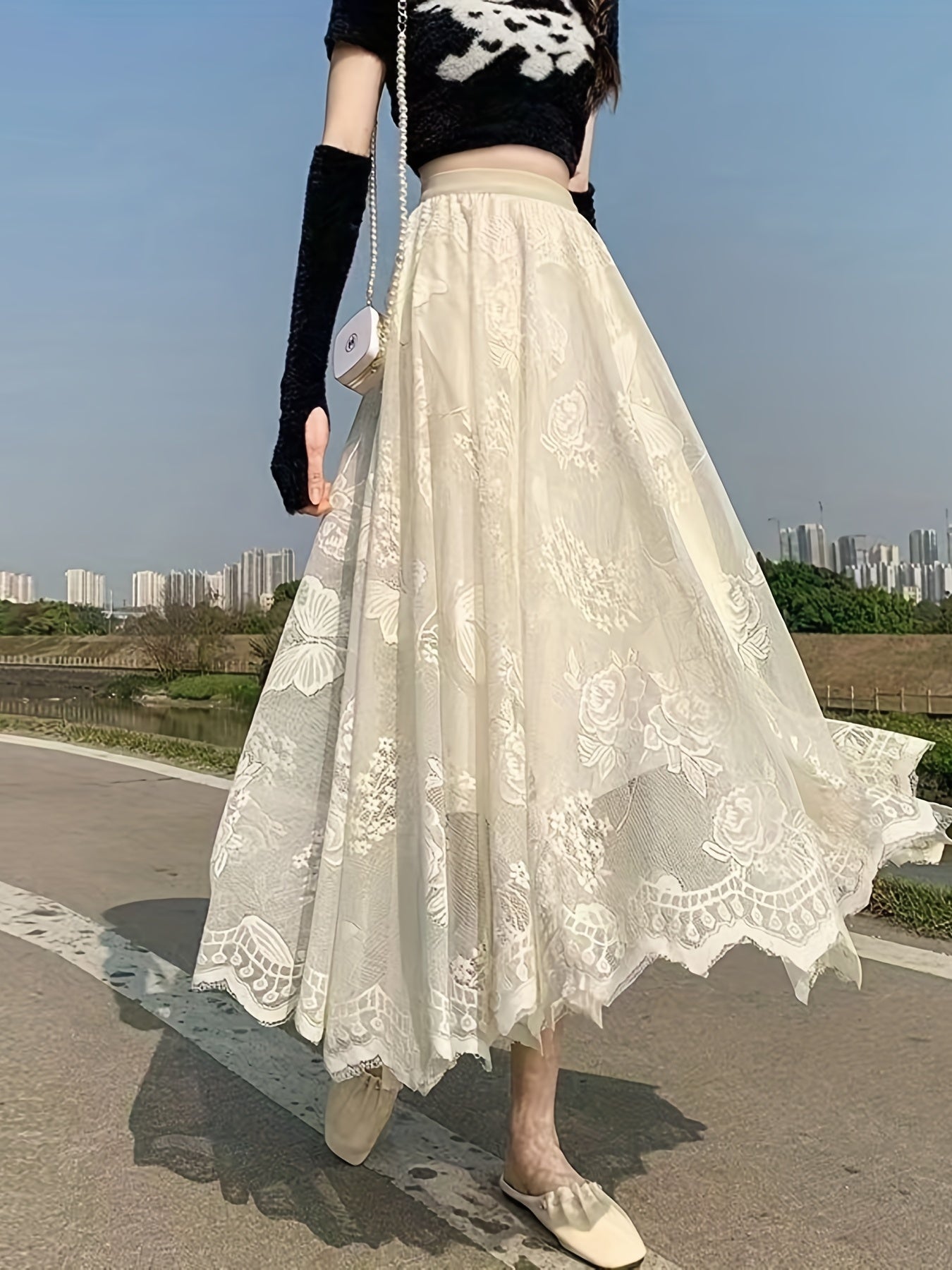 Solid Lace Elastic Waist Skirt, Elegant Skirt For Spring & Summer, Women's Clothing