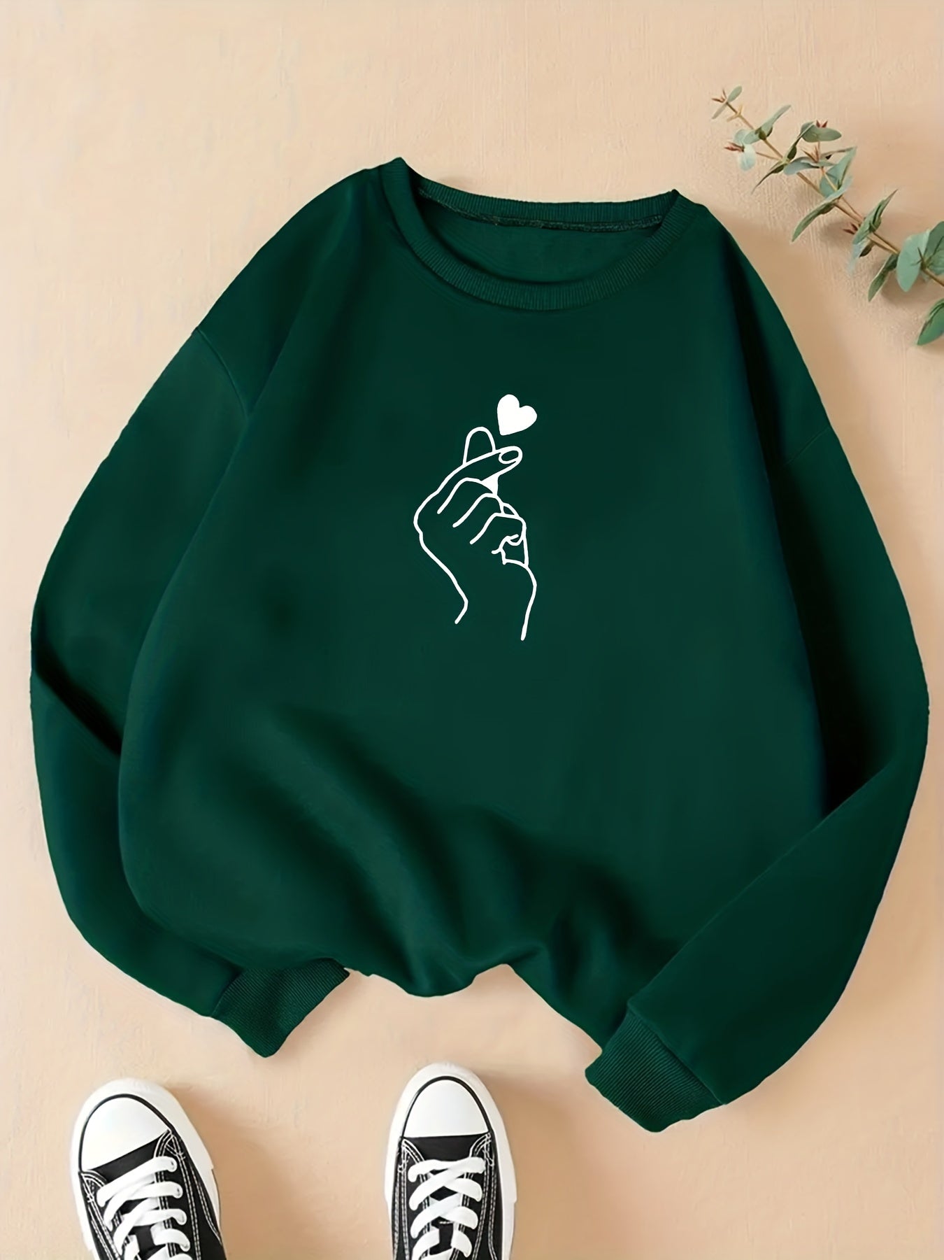 gbolsos  Finger Heart Print Sweatshirt, Casual Long Sleeve Crew Neck Sweatshirt For Fall & Winter, Women's Clothing