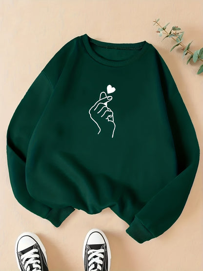 gbolsos  Finger Heart Print Sweatshirt, Casual Long Sleeve Crew Neck Sweatshirt For Fall & Winter, Women's Clothing