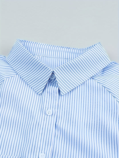 Striped Print Shirred Shirt, Casual Button Front Long Sleeve Shirt, Women's Clothing