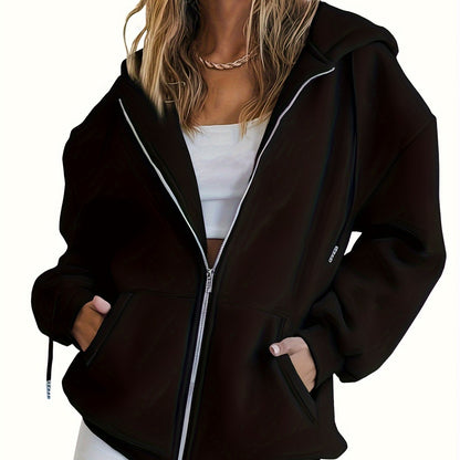 Solid Zip Up Pocket Hoodie, Casual Long Sleeve Drawstring Hoodies Sweatshirt, Women's Clothing