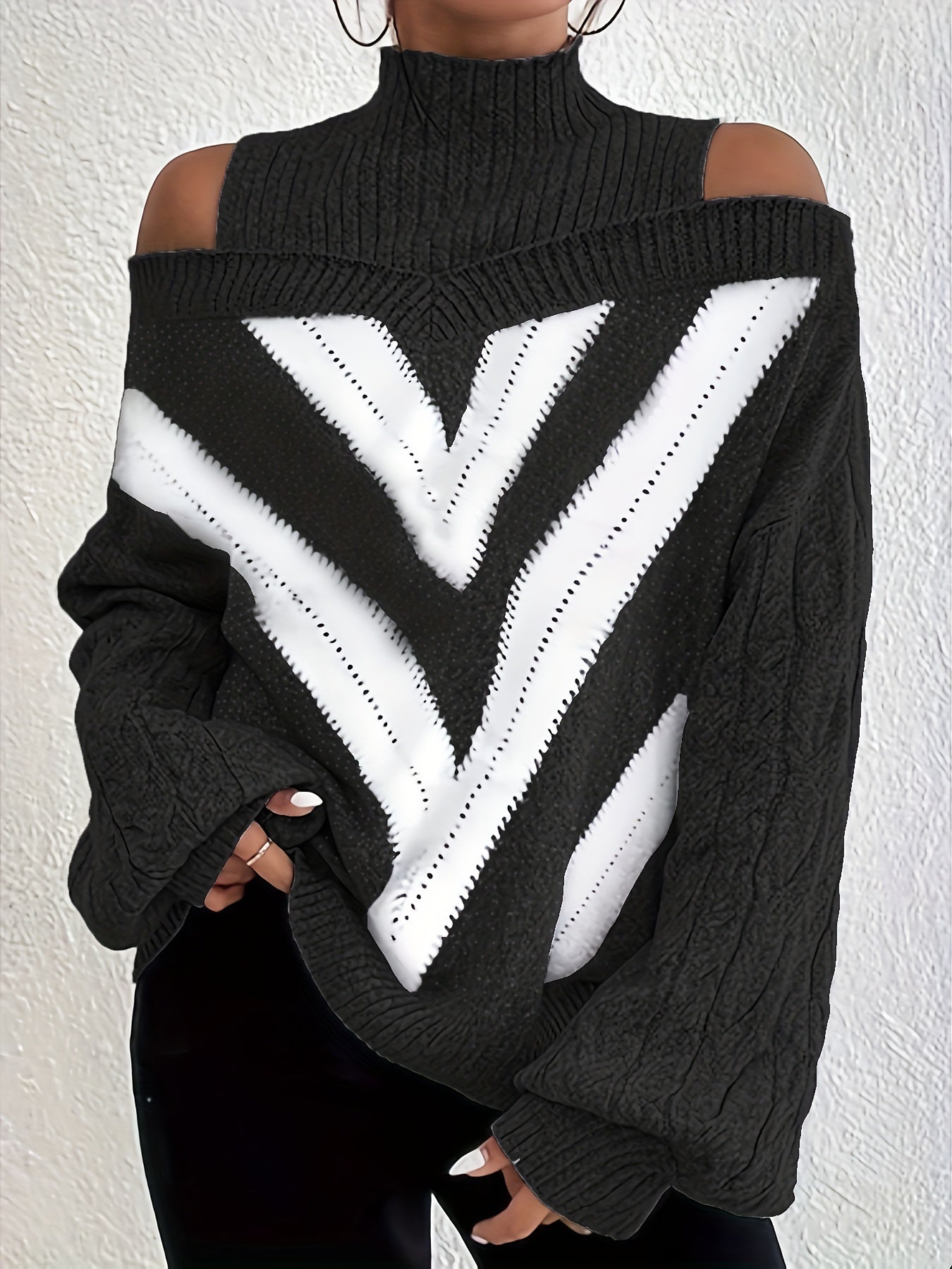 gbolsos  Plus Size Casual Sweater, Women's Plus Geometric Print Cold Shoulder Long Sleeve Slight Stretch Turtle Neck Sweater