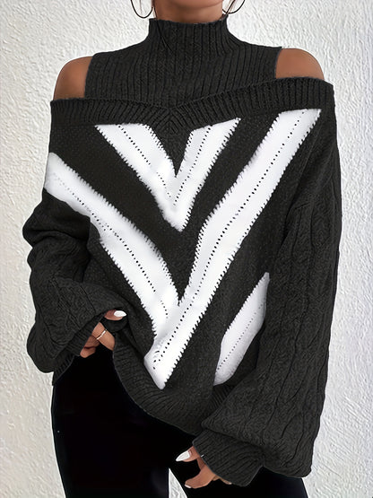 gbolsos  Plus Size Casual Sweater, Women's Plus Geometric Print Cold Shoulder Long Sleeve Slight Stretch Turtle Neck Sweater