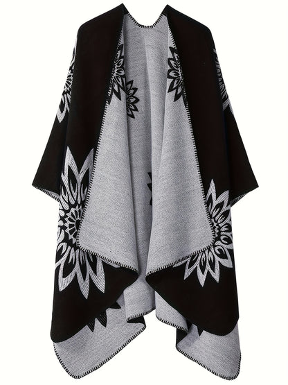 Plus Size Elegant Coat, Women's Plus Mandala Print Double-sided Open Front Waterfall Collar Batwing Sleeve Shawl Cape Coat