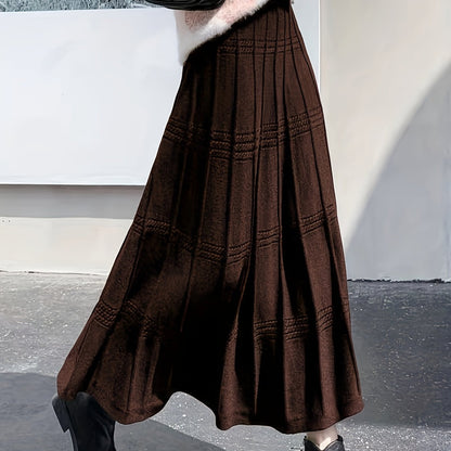 gbolsos  Solid Color Knit Tucked Skirt, Casual Ankle Length Skirt For Fall & Winter, Women's Clothing
