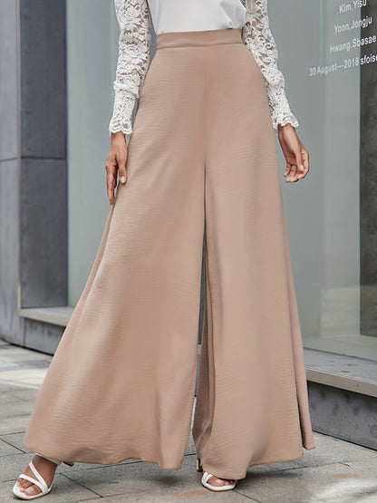 Solid High Waist Wide Leg Pants, Casual Floor Length Slant Pocket Pants, Women's Clothing