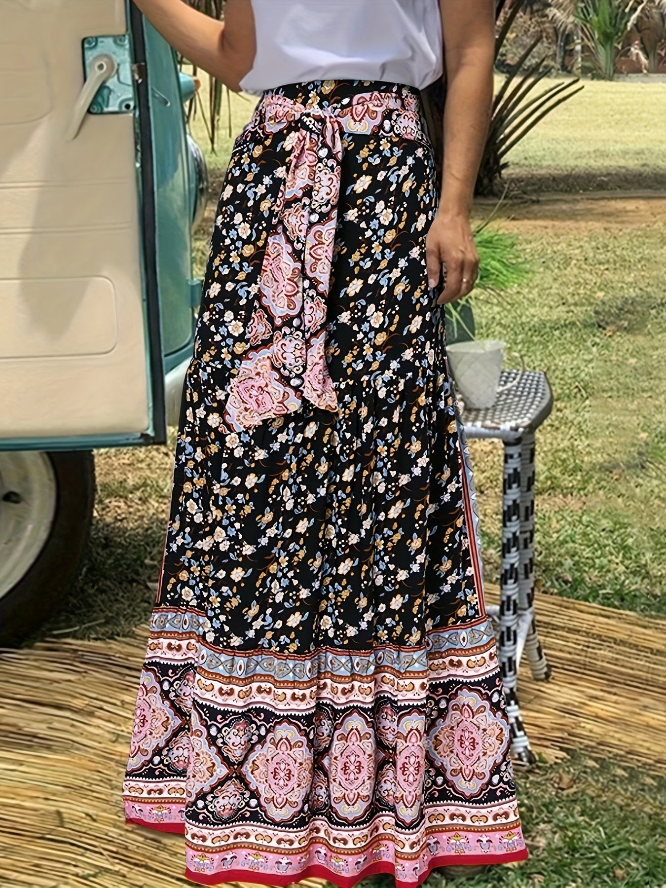 Floral Print Tie Front Skirt, Boho Skirt For Spring & Summer, Women's Clothing