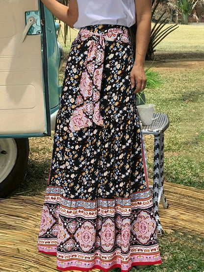 Floral Print Tie Front Skirt, Boho Skirt For Spring & Summer, Women's Clothing