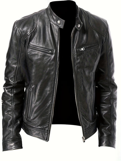 gbolsos  Chic PU Jacket, Men's Casual Solid Color Zip Up Stand Collar Faux Leather Jacket For Spring Fall