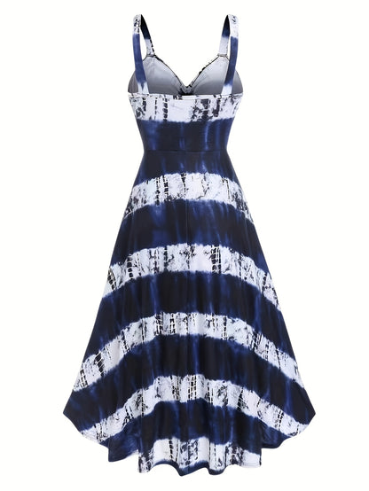 gbolsos  Plus Size Casual Summer Dress, Women's Plus Tie Dye Drawstring V Neck Asymmetrical Hem Medium Stretch A-line Cami Dress