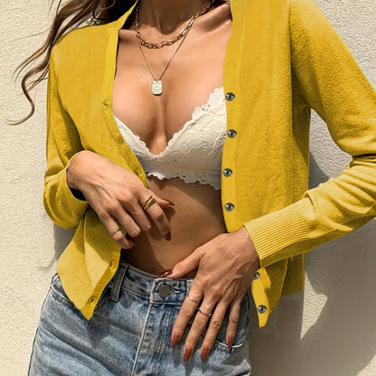 Button Front Knit Cardigan, Casual Solid Long Sleeve Sweater, Women's Clothing