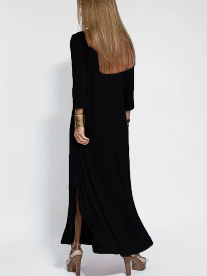 gbolsos  Plus Size Casual Dress, Women's Plus Solid Long Sleeve V Neck Split Hem Maxi Dress
