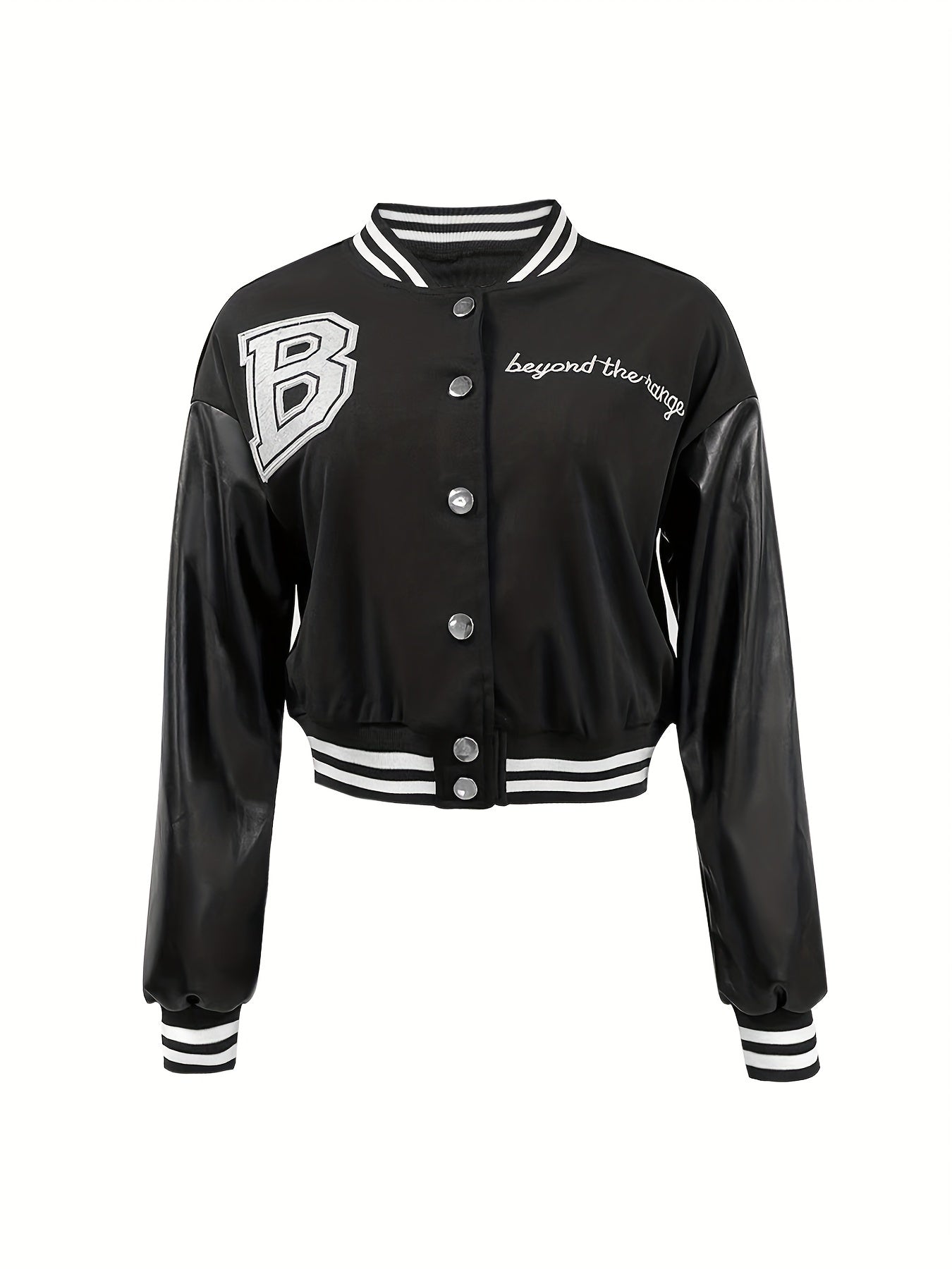 gbolsos  Contrast Faux Leather Letter Print Crop Jacket, Casual Button Up Bomber Jacket For Spring & Fall, Women's Clothing