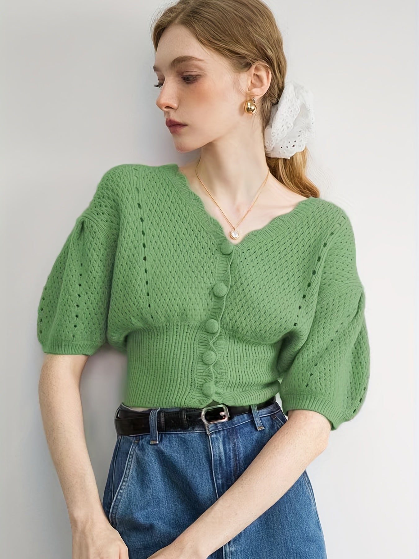 Half Sleeve Crop Cardigan, Solid Casual Sweater, Women's Clothing