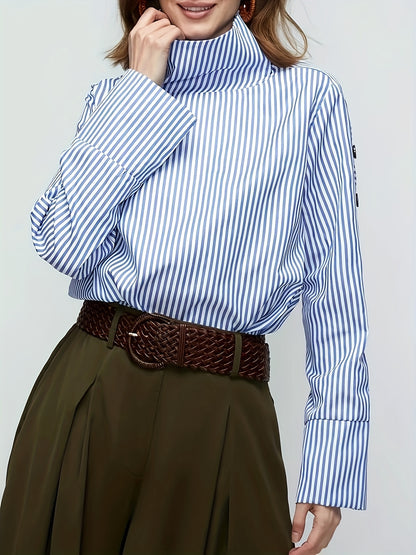 gbolsos  Stripe Print Button Decor Blouse, Casual Long Sleeve Blouse For Spring & Fall, Women's Clothing