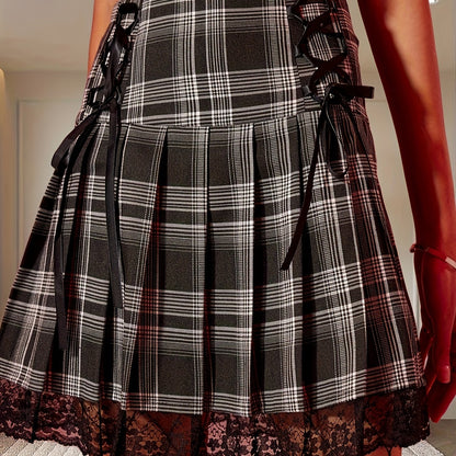 gbolsos  Contrast Lace High Waist Skirt, Casual Pleated Lace Up Skirt, Women's Clothing