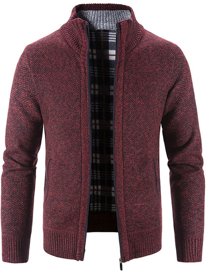 gbolsos  Warm Stand Collar Fleece Jacket, Men's Semi-formal Comfortable Solid Color Zip Up Knitted Cardigan For Spring Fall