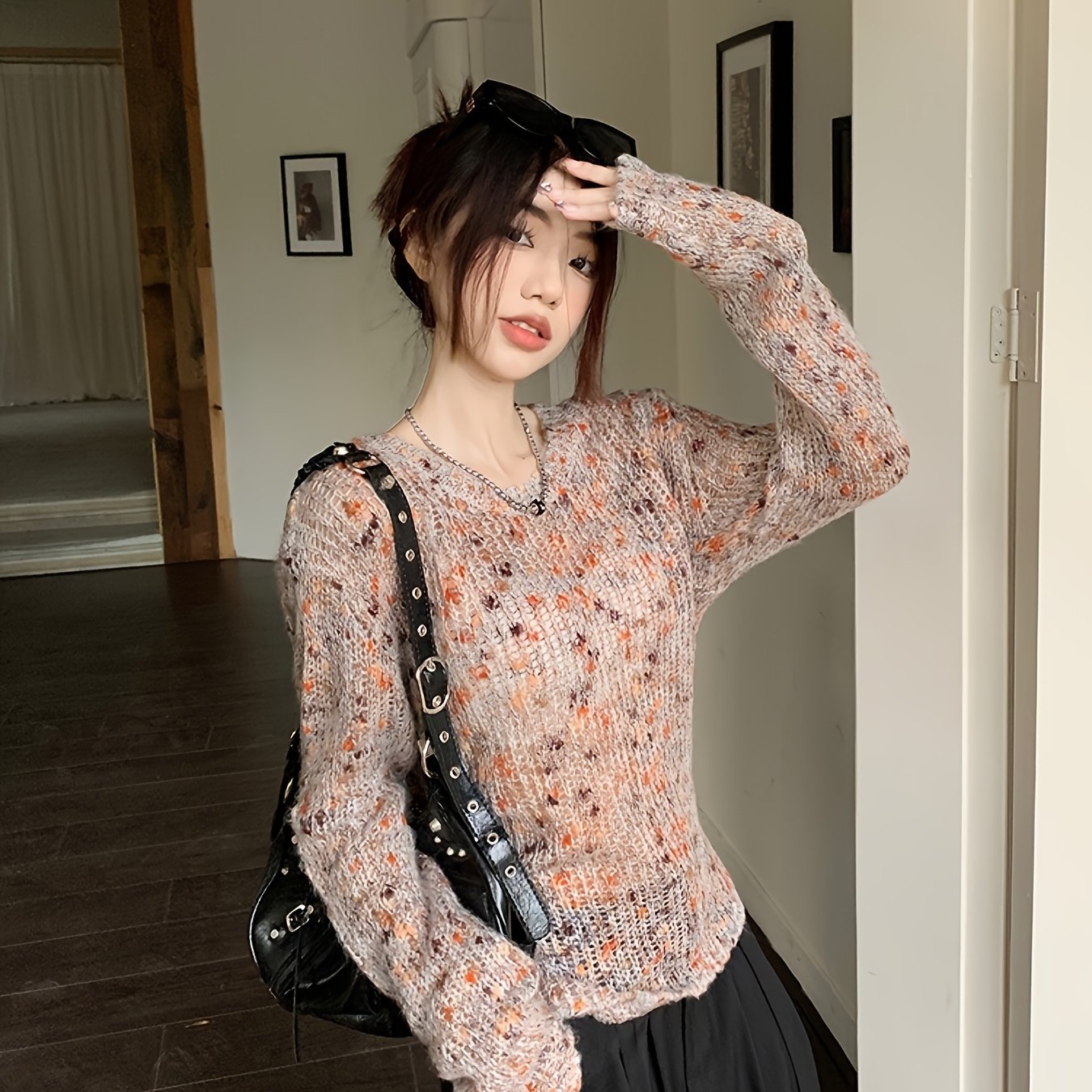 gbolsos  Colorful Dot Crew Neck Pullover Sweater, Casual Tied Back Long Sleeve Thin Knit Sweater, Women's Clothing