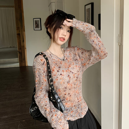 gbolsos  Colorful Dot Crew Neck Pullover Sweater, Casual Tied Back Long Sleeve Thin Knit Sweater, Women's Clothing