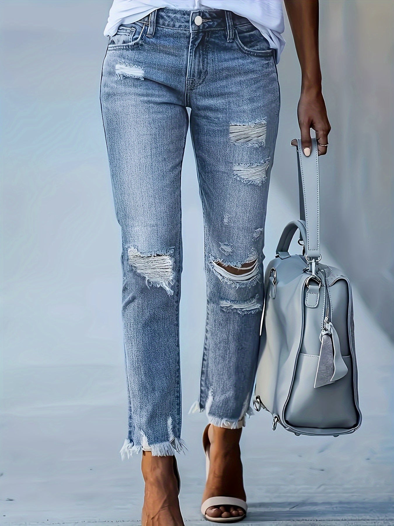 gbolsos  Ripped Holes Casual Straight Jeans, Raw Hem Slant Pockets Washed Denim Pants, Women's Denim Jeans & Clothing