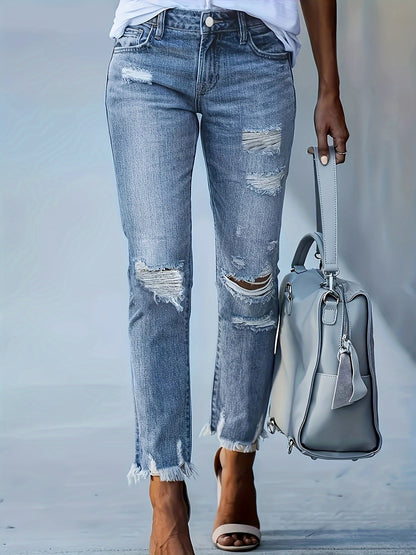 gbolsos  Ripped Holes Casual Straight Jeans, Raw Hem Slant Pockets Washed Denim Pants, Women's Denim Jeans & Clothing