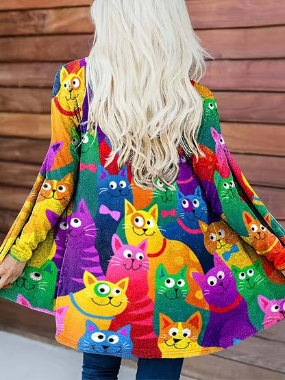 gbolsos  Colorful Cat Print Open Front Cardigan, Casual Long Sleeve Cardigan For Spring & Fall, Women's Clothing