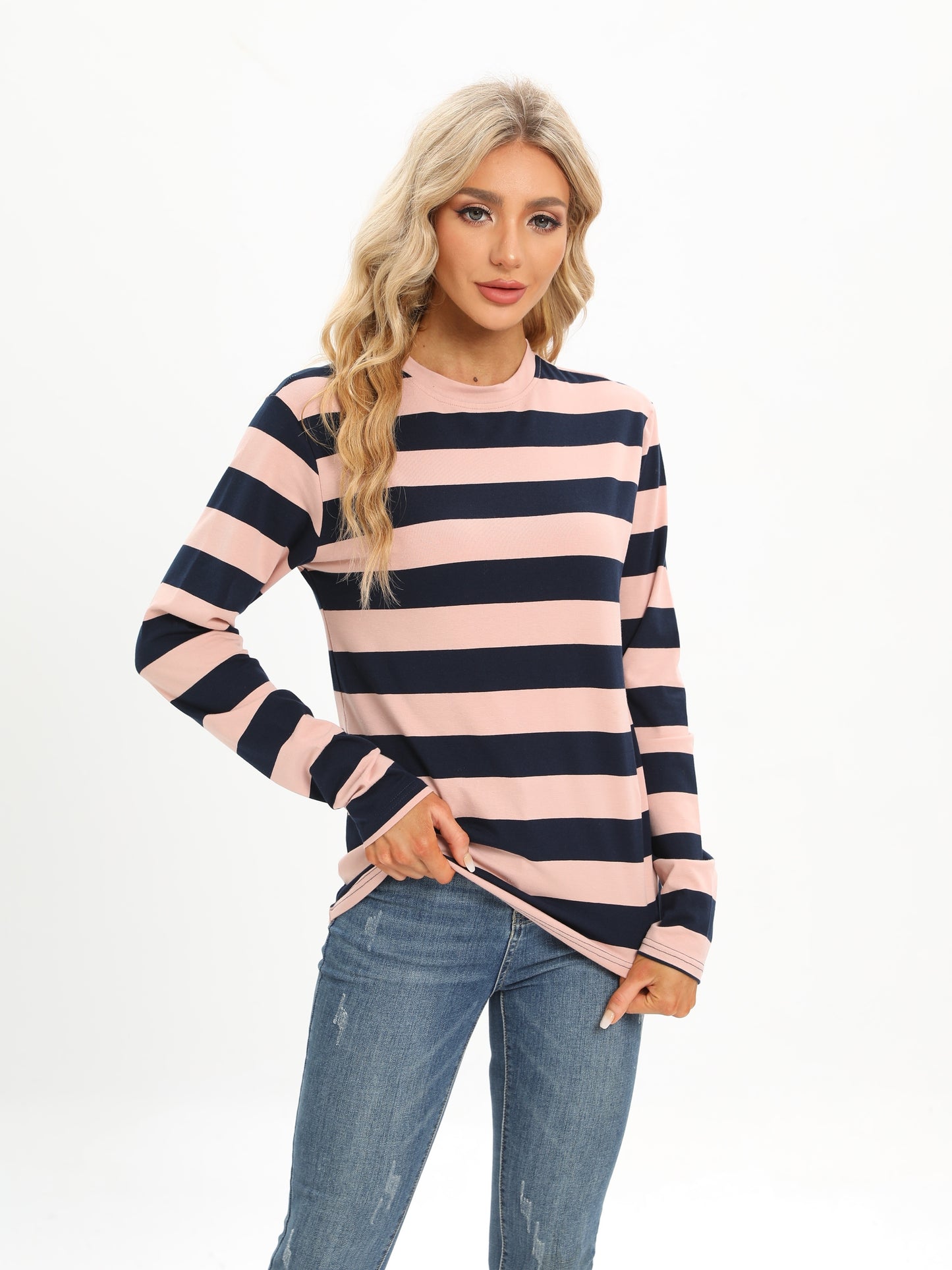 kkboxly  Casual Striped Long Sleeve T-Shirts, Striped T Shirts Crew Neck Tops, Women's Clothing