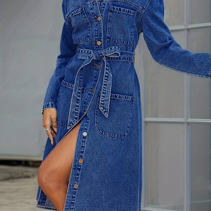 gbolsos  Blue Long Sleeves Denim Dress, Patch Pockets Single Breasted Button With Waistband Lapel Denim Dress, Women's Denim Clothing