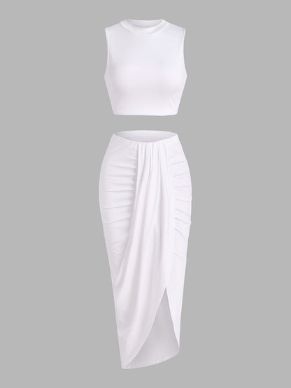 gbolsos  Two-piece Skirt Set, Crop Tank Top & Ruched Split Front Skirt Outfits, Women's Clothing