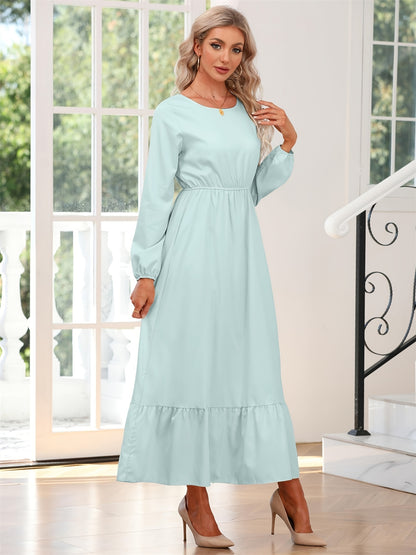 gbolsos  Elegant Crew Neck Draped Extra-long Dress, Casual Long Sleeve Solid Elastic Waist Ruffle Hem Party Long Dresses, Women's Clothing